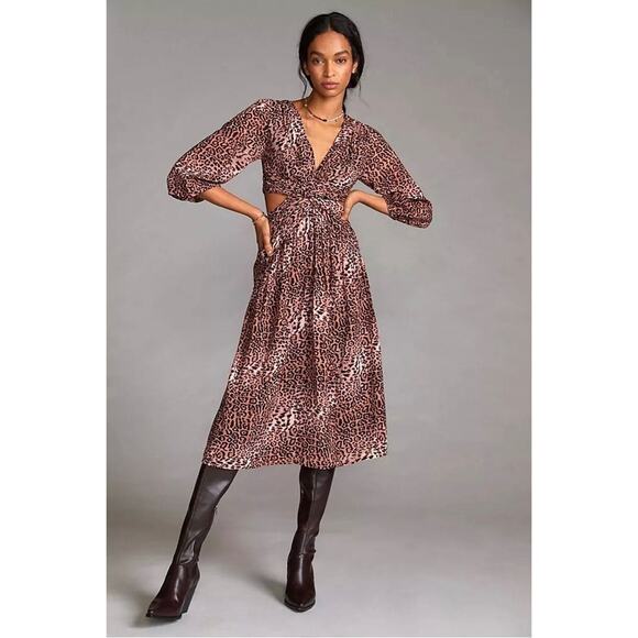 NWT Anthro Ranna Gill Printed Cut-Out Midi Dress animal print women’s size small - Picture 1 of 8
